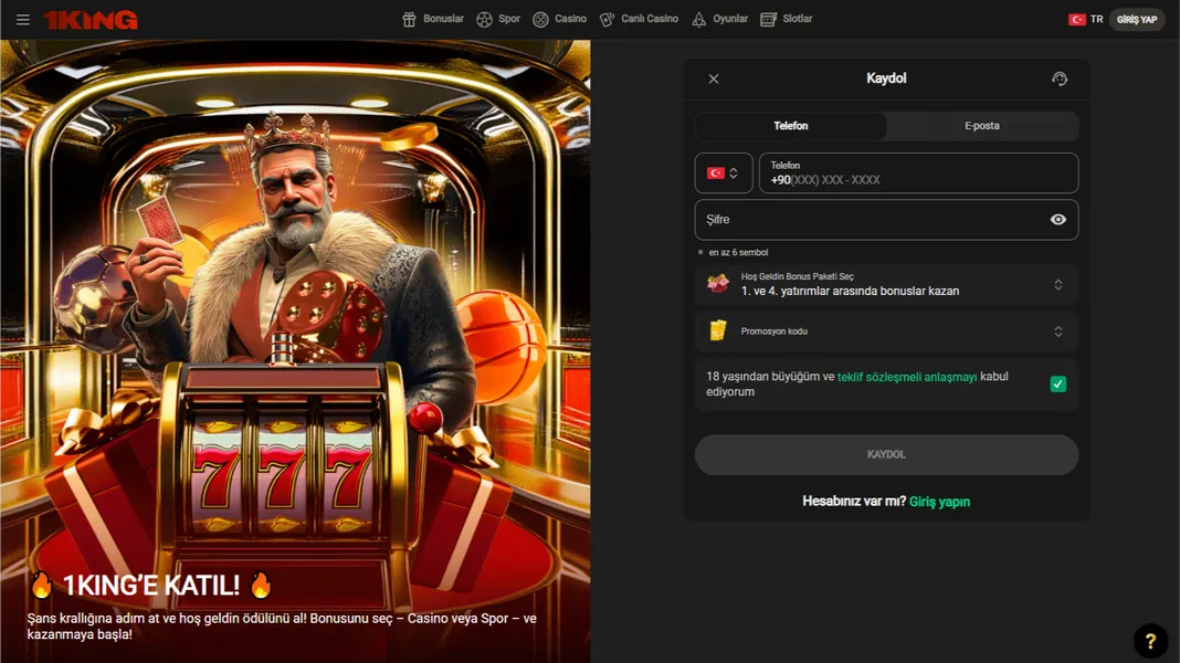 1 King online casinoya kayıt ve giriş